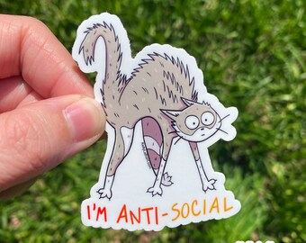 Funny Antisocial Cat Vinyl Sticker – Introvert Decal, Laptop, Water Bottle