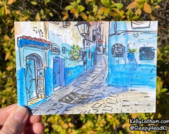 Chefchaouen Morocco Medina City Center Wall Art Postcard, Watercolor Painting, Morocco Africa Gift for Traveler, Cute