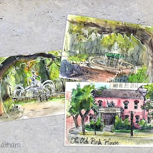 Savannah Georgia GA Watercolor Postcard 3 Pack | Fridge Locker Dorm Wall Mini Decor, Pink House Forsyth Fountain Orleans Square Illustration