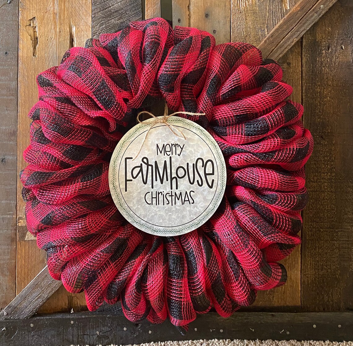 Red Buffalo plaid check deco mesh Christmas farm wreath Etsy