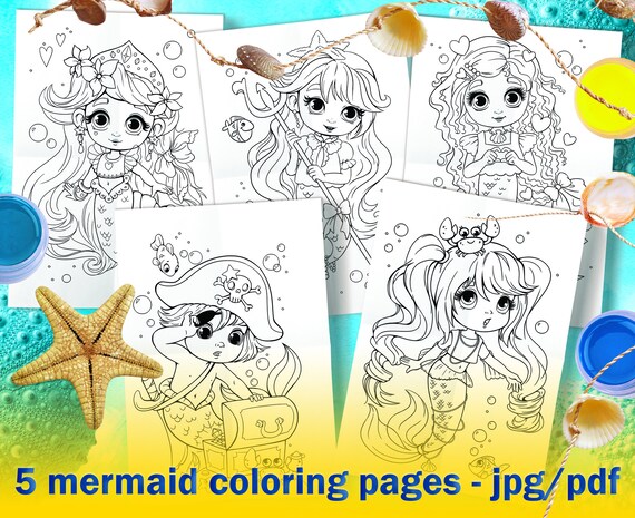 Set Mermaid Coloring Pages PDF & JPG Little cute mermaid