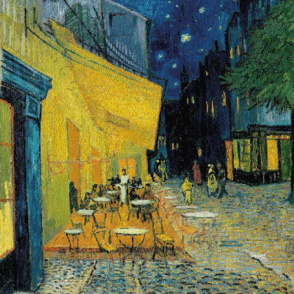 Cafe terrace at night painting by Vincent van Gogh, cross stitch pattern // Obraz Taras kawiarni w nocy, wzór na haft krzyżykowy