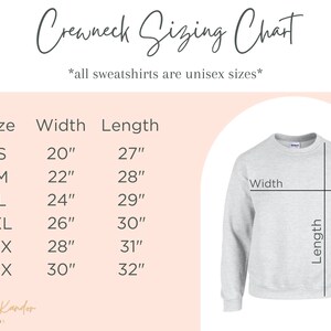 May include: A sizing chart for crewneck sweatshirts, showing width and length measurements in inches for sizes S through 3X. The chart includes a diagram of a grey sweatshirt with the width and length measurements labelled.