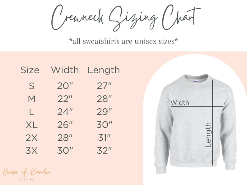 May include: A sizing chart for crewneck sweatshirts, showing width and length measurements in inches for sizes S through 3X. The chart includes a diagram of a grey sweatshirt with the width and length measurements labelled.