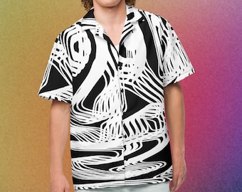 Camisa hawaiana abstracta – Estampado moderno en blanco y negro, poliéster reciclado.