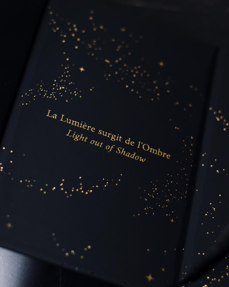 May include: Dark blue book with gold foil accents. The cover features scattered gold dots and the text "La Lumi&egrave;re surgit de l'Ombre Light out of Shadow" in gold lettering. The book's design evokes a starry night sky.