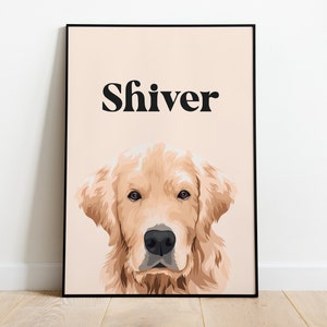 May include: A digital illustration of a golden retriever dog with the name "Shiver" printed in black text on a light peach background.