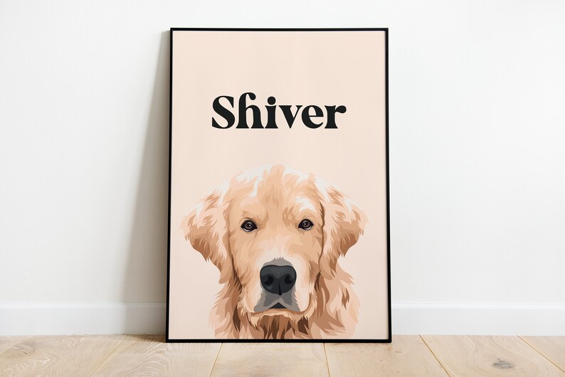 May include: A digital illustration of a golden retriever dog with the name "Shiver" printed in black text on a light peach background.