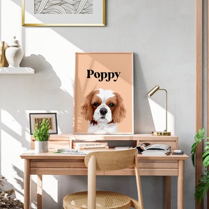 May include: A light brown and white dog with the name "Poppy" printed in black text on a peach background.