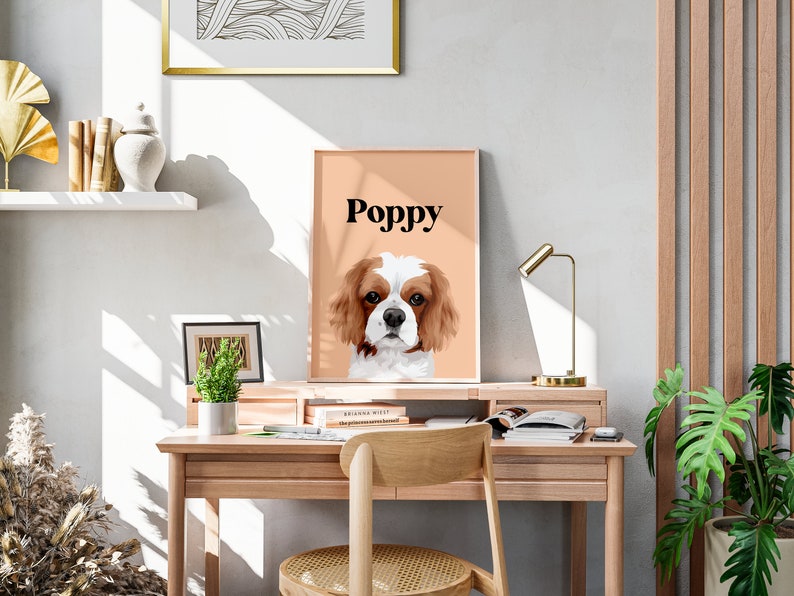 May include: A light brown and white dog with the name "Poppy" printed in black text on a peach background.