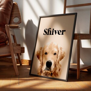 May include: A framed print with a light brown background featuring a golden retriever puppy with the word "Shiver" in black text.