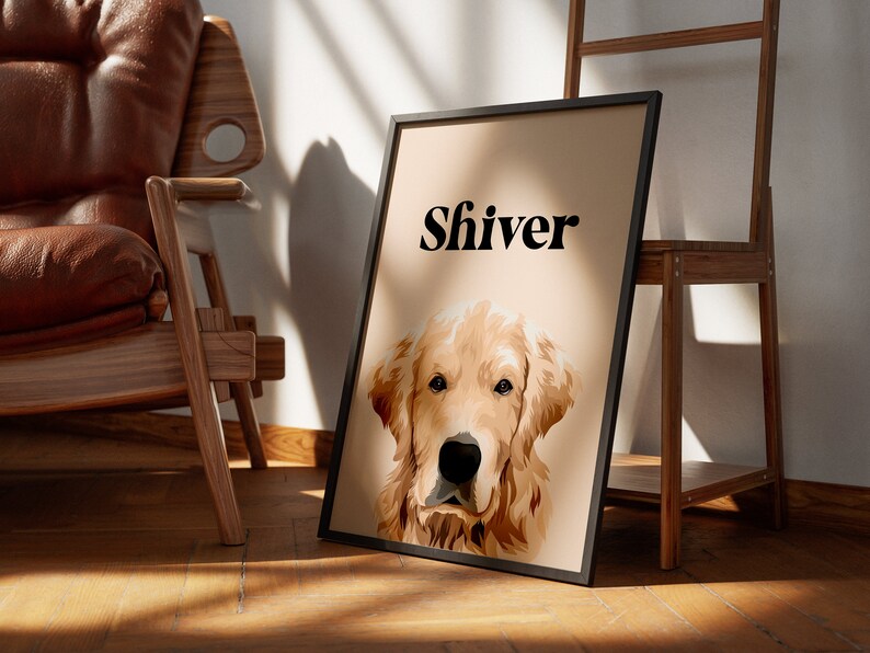 May include: A framed print with a light brown background featuring a golden retriever puppy with the word "Shiver" in black text.