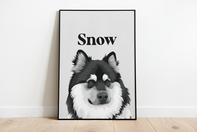 May include: Black and white illustration of a dog with the name "Snow" printed above it.