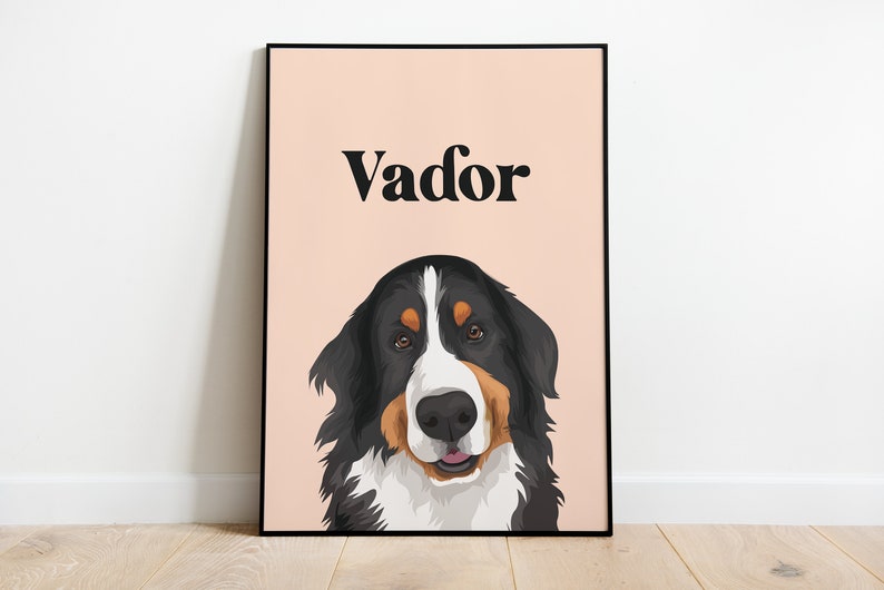 May include: A digital illustration of a Bernese Mountain Dog with black, white, and brown fur. The dog is looking directly at the viewer with its tongue sticking out. The background is a light peach color. The dog's name, "Vador", is written in black text at the top of the image.