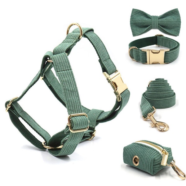 Sage Color Corduroy Personalised Dog Collar, Harness And Leash Set For Dogs