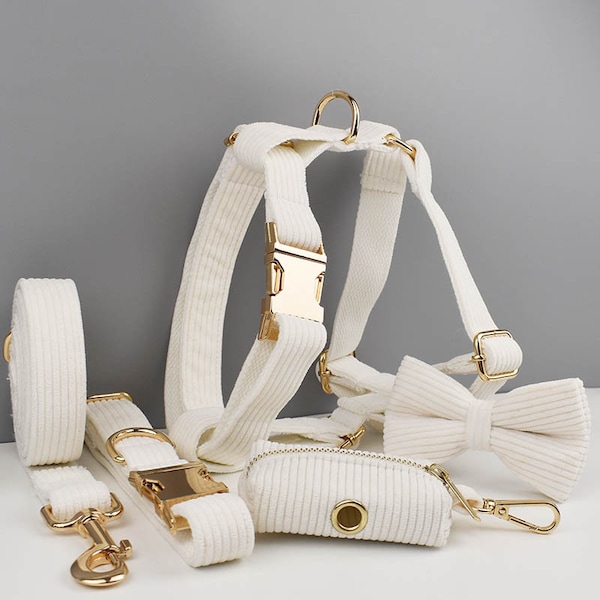 White Corduroy Dog Collar And Leash Set For Dogs