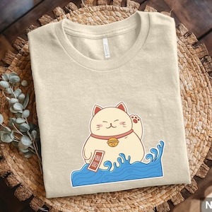 Koszulka unisex Fortune Cat - świetny prezent dla miłośników kotów, poszukiwaczy bogactwa, Neko Mom i Dad, koszulka Attract Luck Prosperity, ręcznie ilustrowany projekt