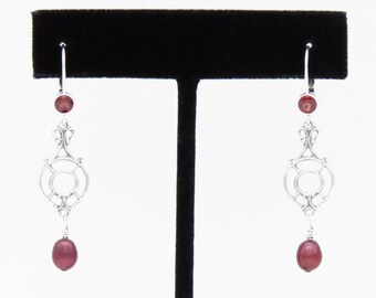 Garnet & pearl sterling silver earrings, January birthstone, jewelry for women, gift for her