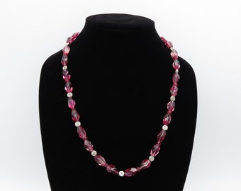 Pink Glass Beaded Necklace: Silver Flower Accents, 24.25"