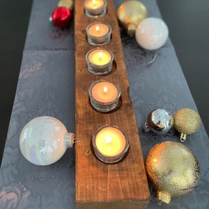 Handmade Wood Candle Centerpiece, Stained & Distressed, 7 glass holders + candles, Made from wood 2x4x24in. Farmhouse, Rustic, Holiday Decor