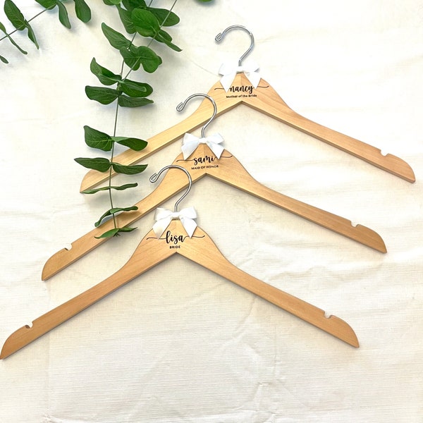 Personalized Hangers for Wedding Gown and Bridal Party, Engraved on Lotus Wood, White Satin Bow, Perfect Gift for Bride