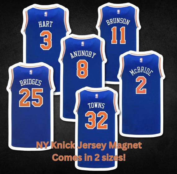 NY Basketball Jersey MAGNET, Brunson, Hart, KAT... Magnetic Sheet, Vinyl, Laminated for Locker, Tool Box, Fridge,5in or 3in  +Bonus Sticker!