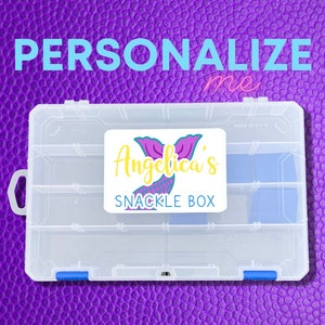 May include: A clear plastic storage box with multiple compartments. The box has a blue handle and a label that says "Angelica's Snackle Box" with a purple mermaid tail graphic.