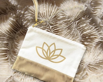 Gold Lotus Canvas Wristlet Pouch, Elegant Cosmetic Bag with Metallic Faux Leather, Makeup Bag, Travel Organizer, Gift for Her 10x8in
