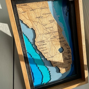 Florida Map|All Wood Florida 3D Map|Towns, Water, Roads Map|12x8x1.6in|Wood Florida Map and Bathymetry|Personalize It, Too|See Description!