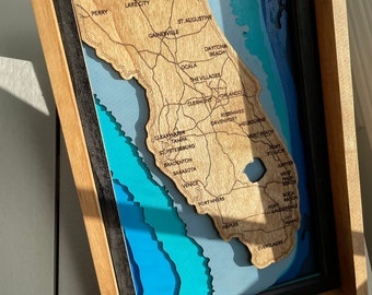 Custom Florida Map, All Wood Florida 3D Map, Towns, Water, Roads Map, 12x8x1.6in, Wood Florida Map & Bathymetry