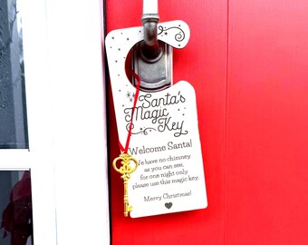 Santa's Key Door Hanger for Homes Without Chimneys - Vintage Key and Engraved note to Santa 9x4in