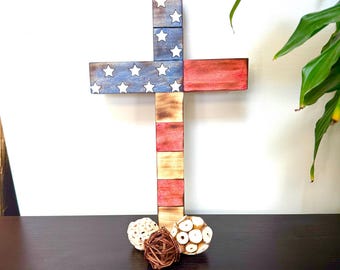 Patriotic Wooden Cross Wall Decor,American Flag Cross,Rustic Red White Blue Cross, Farmhouse Christian Wall Art,Handmade Wood Cross 12x8x4in
