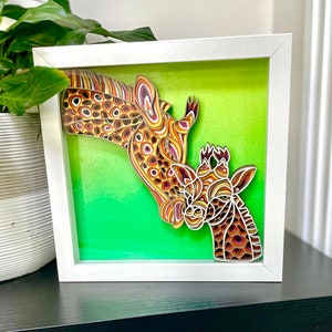 Giraffe Mama & Baby Artwork, 3D, All Wood Layers, 8x8inch Shadow Box, Gift for Giraffe Lovers and Nurseries, Personalize it!