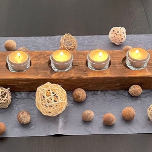 Wood Candle Centerpiece, Stained & Distressed, 7 glass holders + candles, Handmade from wood 2x4x24in. Farmhouse, Rustic, Holiday Decor
