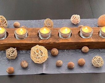 Wood Candle Centerpiece, Stained & Distressed, 7 glass holders + candles, Handmade from wood 2x4x24in. Farmhouse, Rustic, Holiday Decor