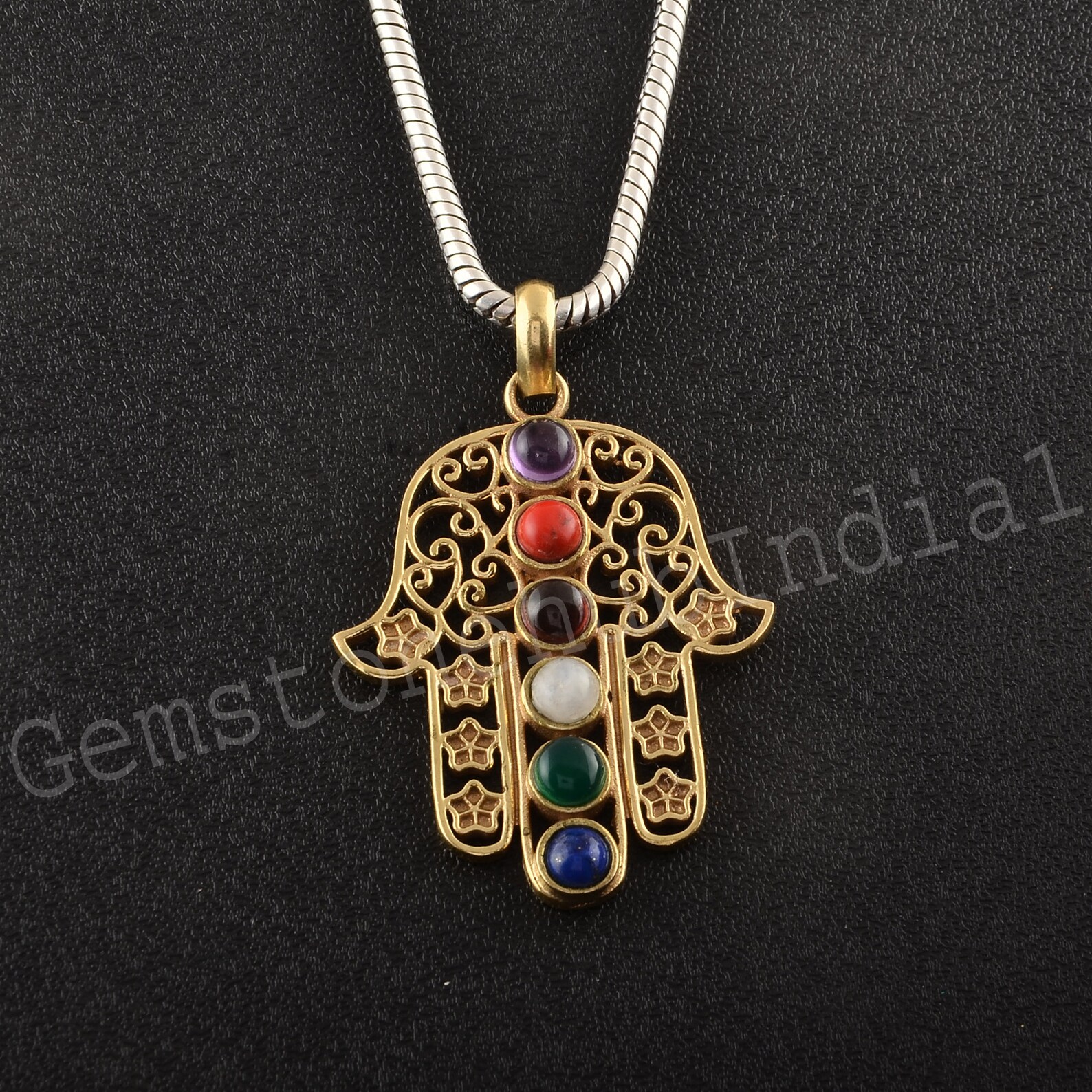18K Gold Plated 7 Chakra Hamsa Hand Pendant Hamsa Hand 7 Etsy