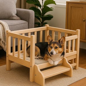 Puede incluir: Una cama para perros de madera clara, con un diseño de listones y pequeños escalones. Un perro corgi está acostado dentro de la cama. La cama está sobre una alfombra de color neutro. El diseño de la cama es sencillo y limpio.