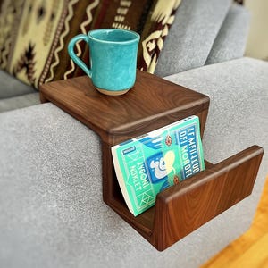 Black Walnut Couch Arm Rest Table – Sofa Caddy with Magazine Pocket – Drink & Remote Tray – Handmade Hardwood Armrest Table