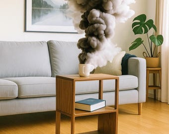 Puede incluir: Una mesa auxiliar de madera clara con dos estantes abiertos, que presenta una taza blanca en la superficie superior de la que emana una gran y densa nube de humo gris. Un libro con cubierta azul descansa en el estante inferior de la estructura.