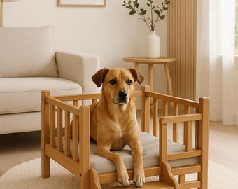 Luxus Hundebett Plan - Massivholz DIY Haustier Couch mit Stufen, Mid-Century Style