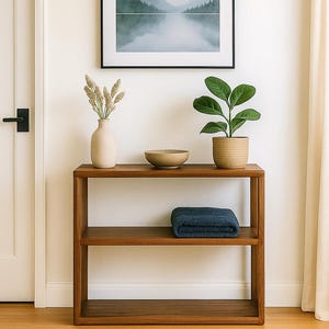 Può includere: Una consolle in legno con una stampa incorniciata di un paesaggio, un vaso con fiori secchi, una piccola ciotola e una pianta in vaso. Un asciugamano blu piegato poggia sul ripiano inferiore. La stanza ha una palette di colori neutri.