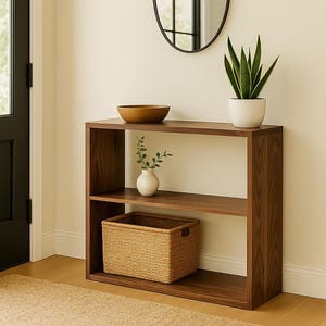 May include: A dark wood console table with two open shelves, featuring a brown bowl, a white potted plant, a small white vase with greenery, and a woven basket. Above the table hangs an oval mirror with a thin black frame on a beige wall.