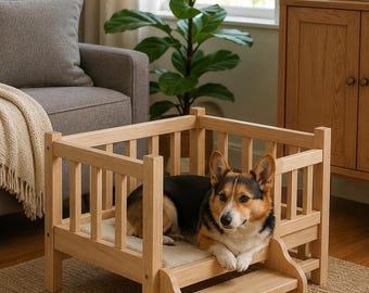 DIY Plan Holz Hundebett mit Stufen – PDF Holzarbeit für Haustierhochbett mit Lagerung, anfängerfreundliches Projekt