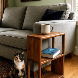 Peut inclure: Une table d'appoint rectangulaire en bois avec deux étagères ouvertes, présentant une finition en grain de bois naturel lisse. Une tasse en céramique beige repose sur le dessus et un livre à couverture bleue est posé sur l'étagère intermédiaire.