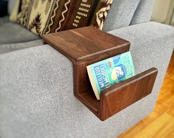 Black Walnut-Couch Arm Rest Table with Magazine Stand - Wood Armrest,  Arm Tray Couch , Custom Wood Sofa Arm Hardwood