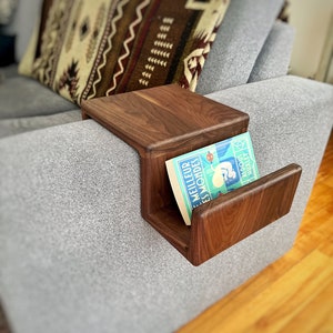 Black Walnut-Couch Arm Rest Table with Magazine Stand - Wood Armrest Table,  Arm Tray Table, Couch Tray, Custom Wood Sofa Arm Table-Hardwood