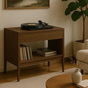 May include: A living room with a mid-century modern aesthetic. It features a wooden record player stand with a black turntable, a round coffee table, and a framed landscape painting. A large potted plant and a beige rug are also present.