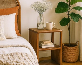 Puede incluir: Un dormitorio acogedor con una mesita de noche de madera, una cama con una manta tejida y una planta en maceta. Una decoración de pared tejida y una lámpara de pared de latón y vidrio completan el ambiente cálido.