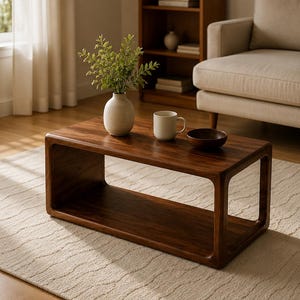 May include: A rectangular wooden coffee table with a smooth, dark brown finish and rounded corners. The table features an open-frame design with a lower shelf. On the surface sits a ribbed white vase with green foliage, a white mug, and a small bowl.
