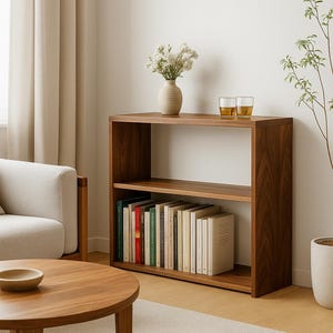 May include: A low, rectangular wooden bookshelf with a rich brown grain, featuring two open shelves. The top shelf holds a beige ceramic vase with white flowers and two clear glasses. The bottom shelf is filled with a row of books with varied spines.